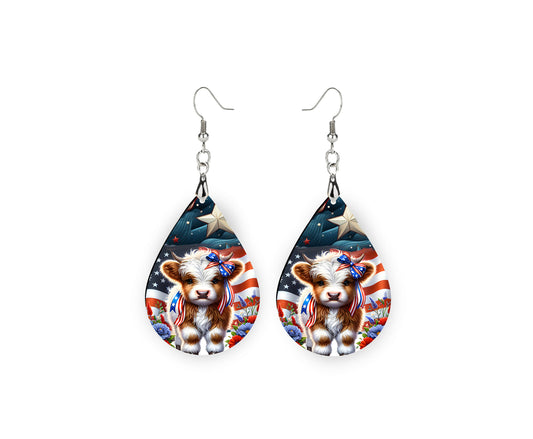 New Release Stars and Stripes Highland Cow Tear Drop Wood Dangle Earrings Hypoallergenic Jewelry