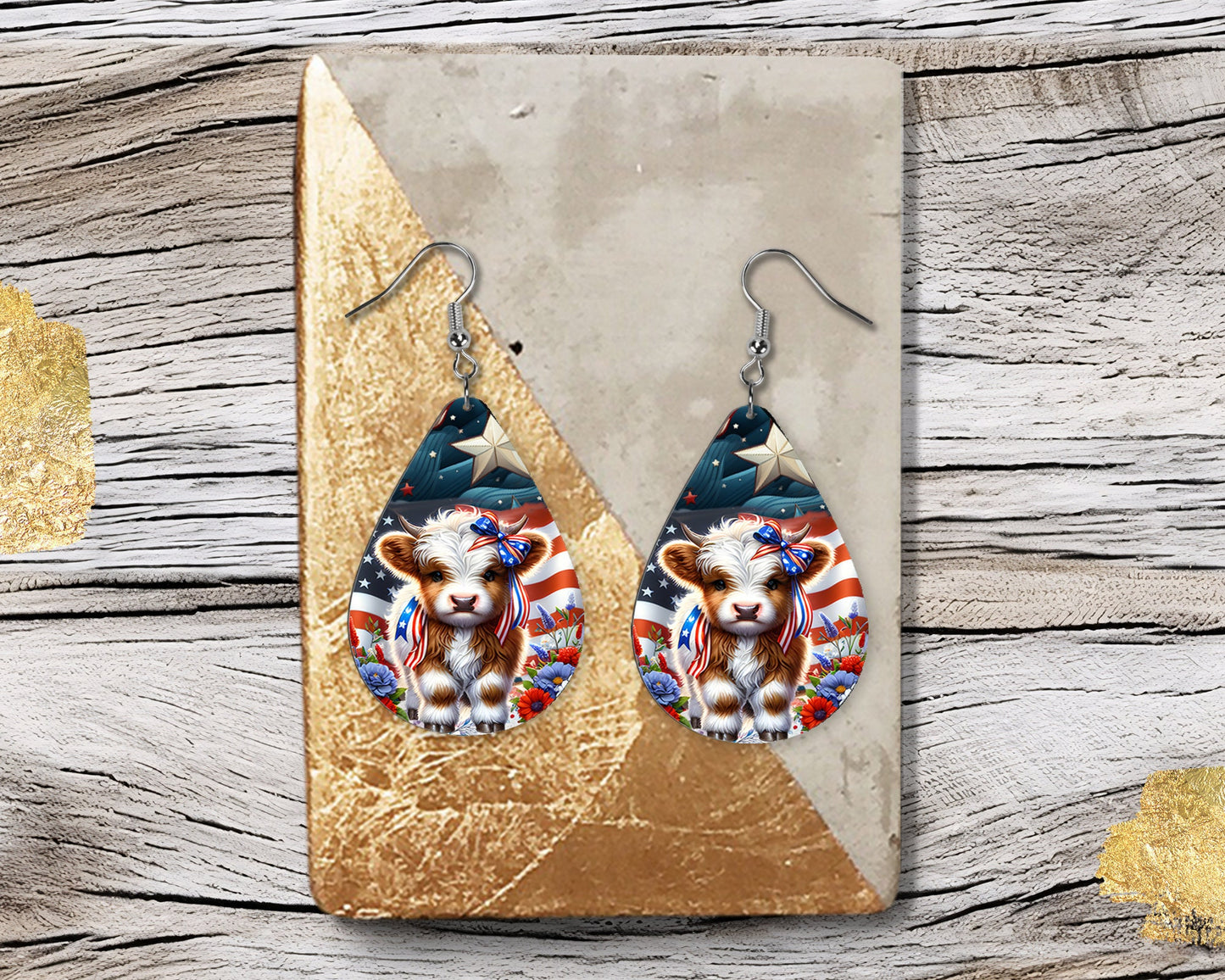 New Release Stars and Stripes Highland Cow Tear Drop Wood Dangle Earrings Hypoallergenic Jewelry