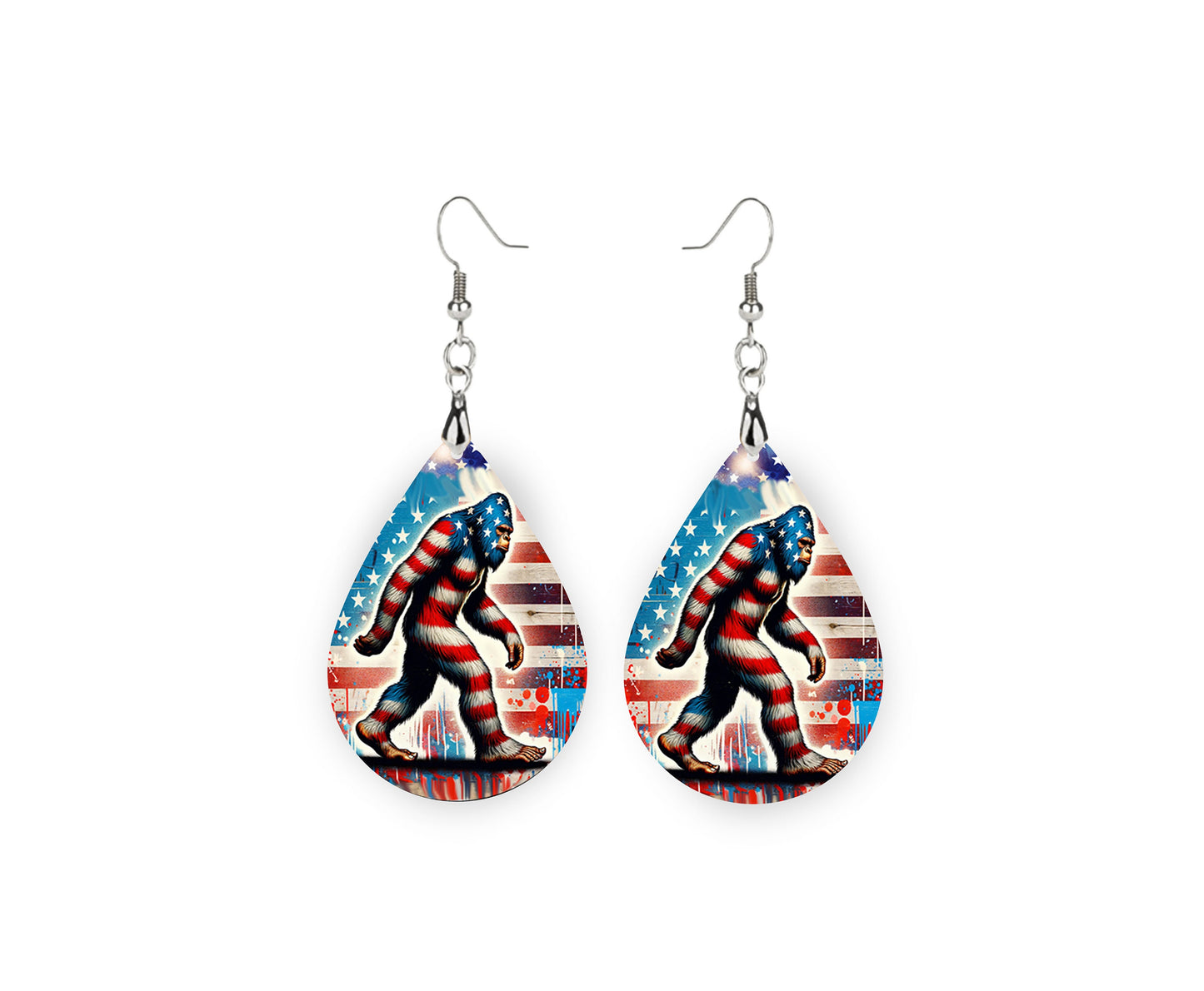 New Release Bigfoot American Flag Tear Drop Wood Dangle Earrings Hypoallergenic Jewelry