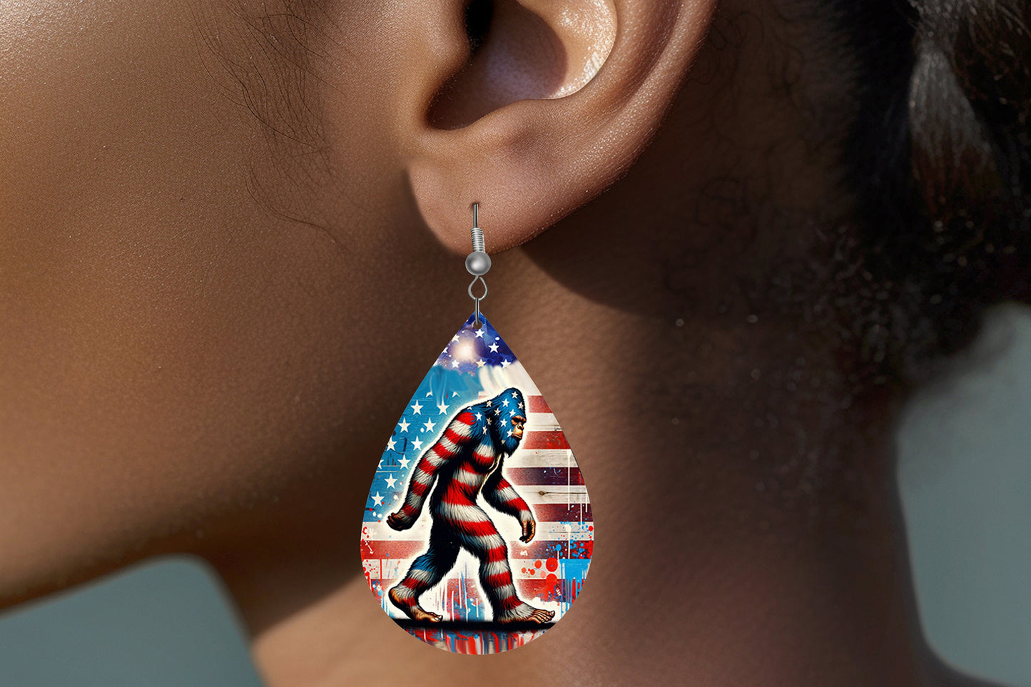 New Release Bigfoot American Flag Tear Drop Wood Dangle Earrings Hypoallergenic Jewelry