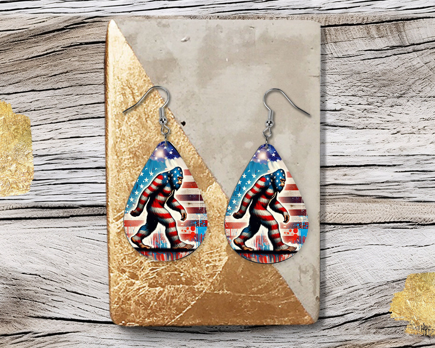 New Release Bigfoot American Flag Tear Drop Wood Dangle Earrings Hypoallergenic Jewelry