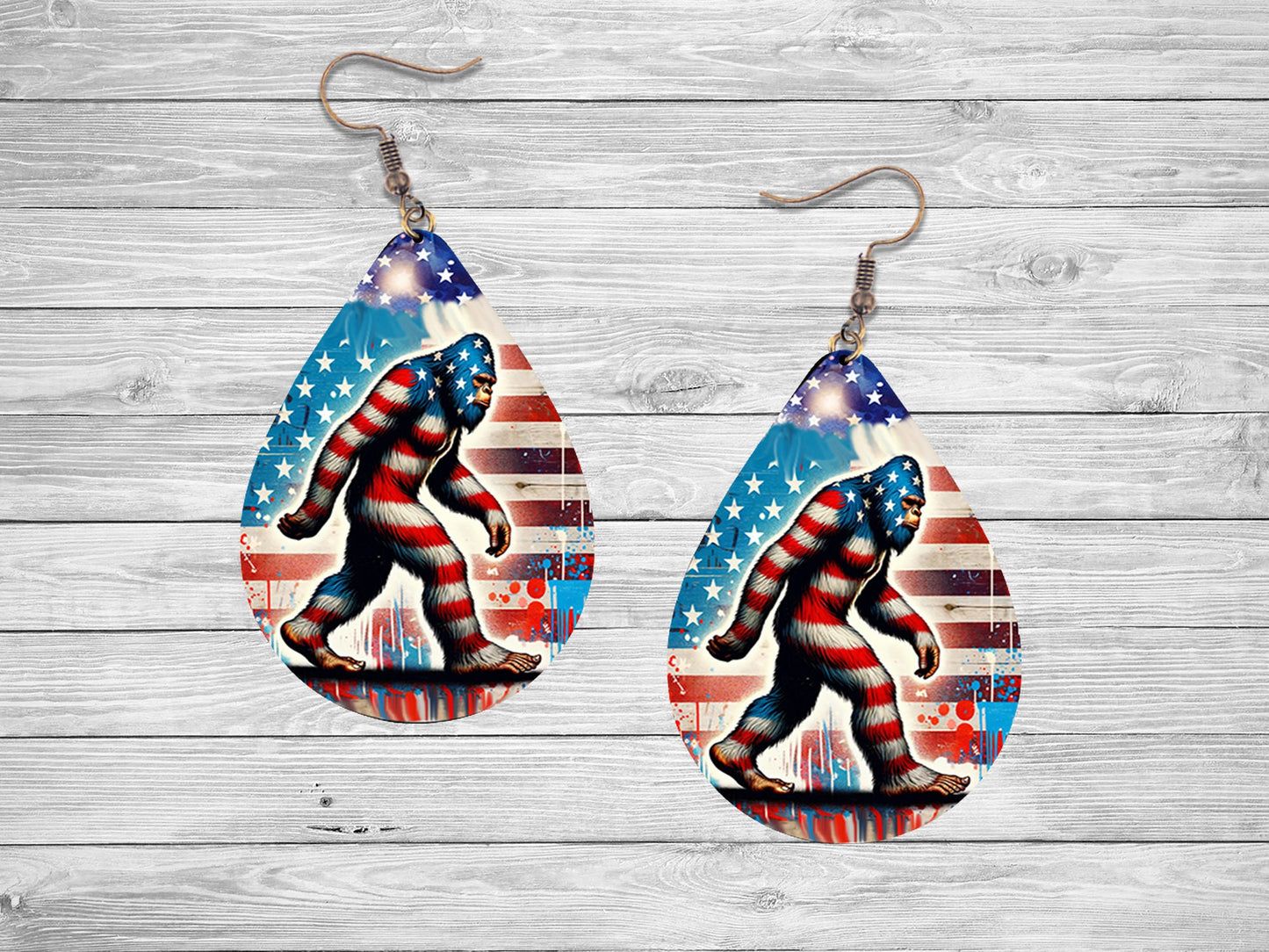 New Release Bigfoot American Flag Tear Drop Wood Dangle Earrings Hypoallergenic Jewelry