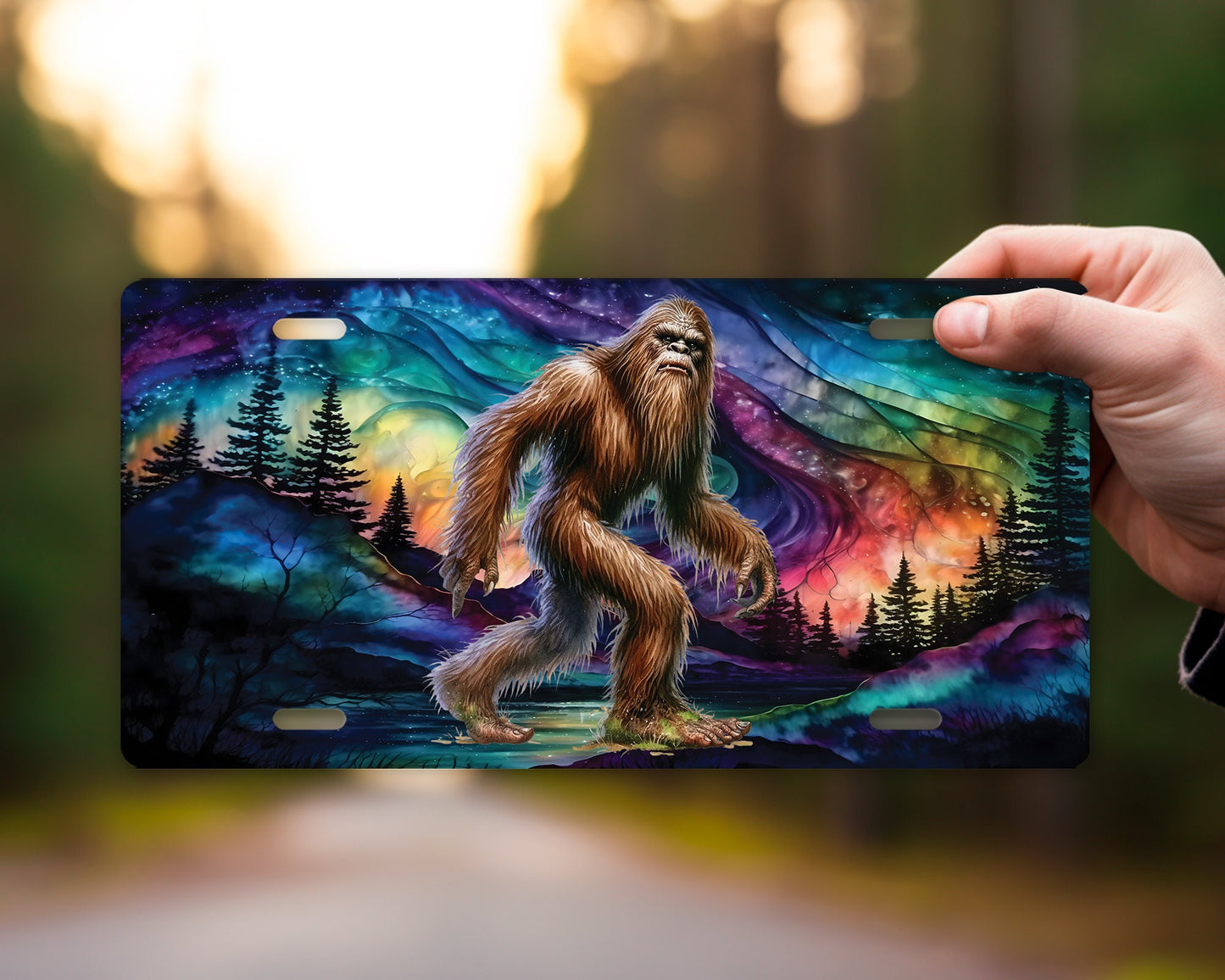 Bigfoot Alcohol Ink Northern Lights Vanity Decorative Front License Plate Cute Car License Plate Aluminum Metal Plate