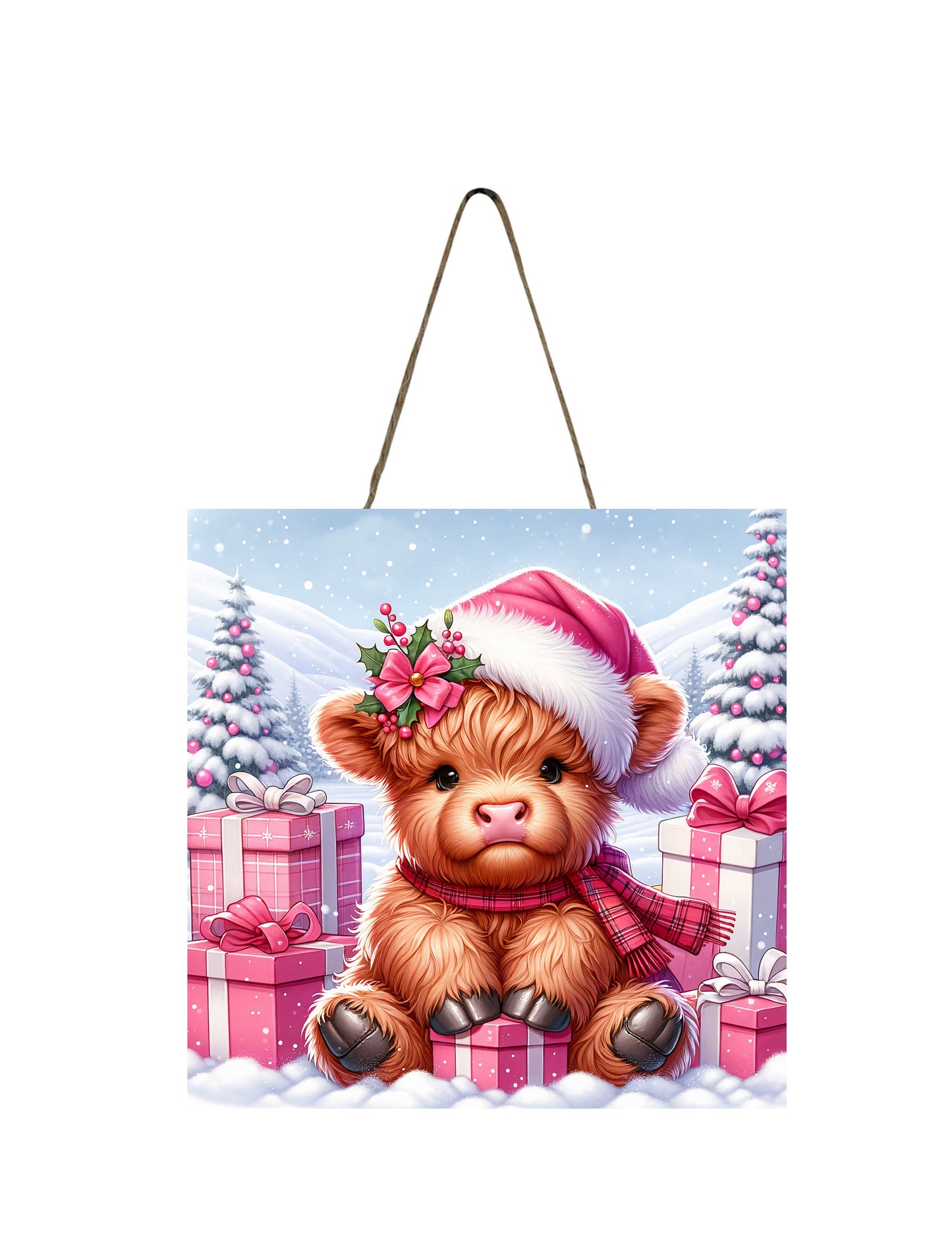 Christmas Ornament, Pink Baby Highland Cow, Tier Tray Decor, Wreath Sign, Mini Sign, Door Hanger