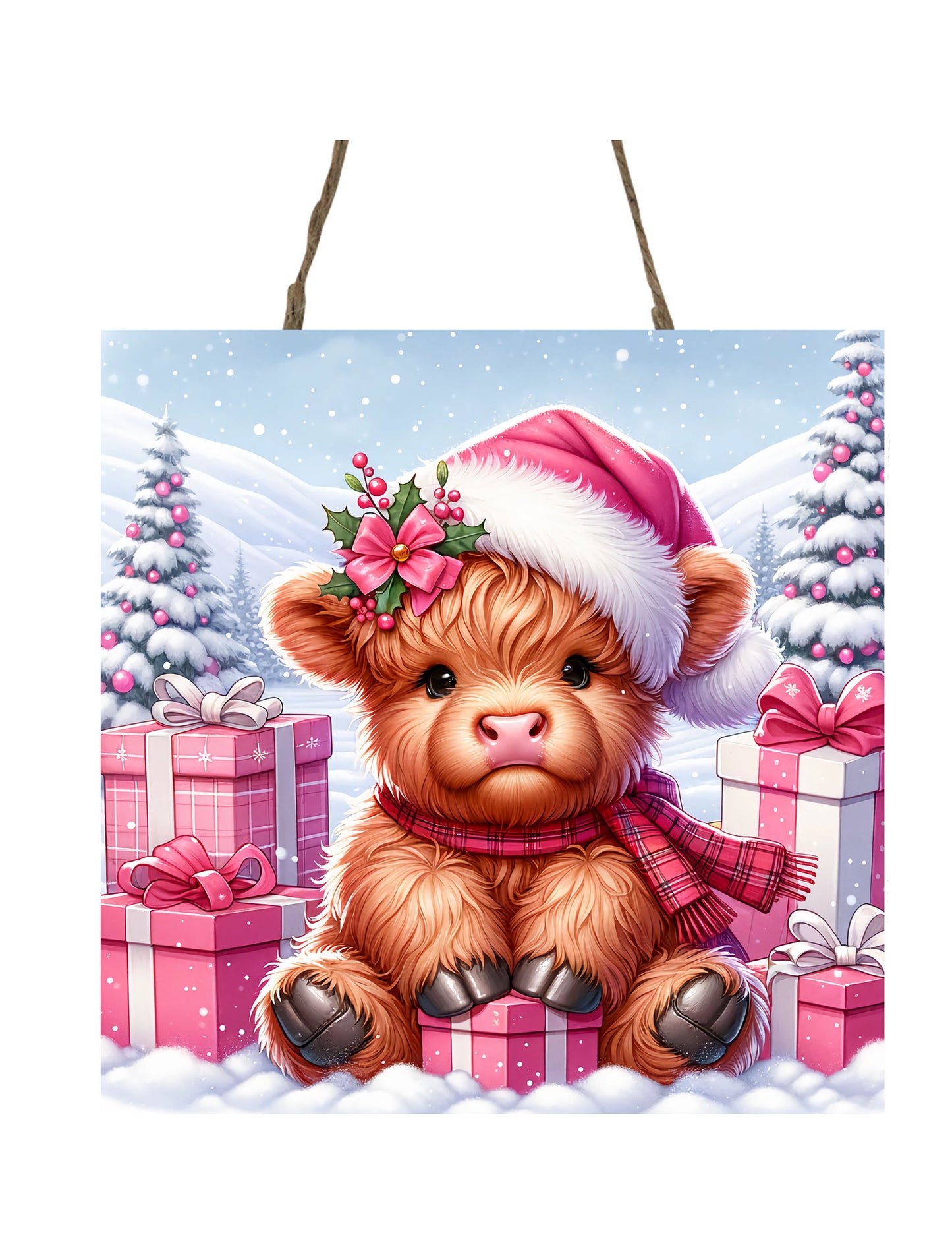 Christmas Ornament, Pink Baby Highland Cow, Tier Tray Decor, Wreath Sign, Mini Sign, Door Hanger