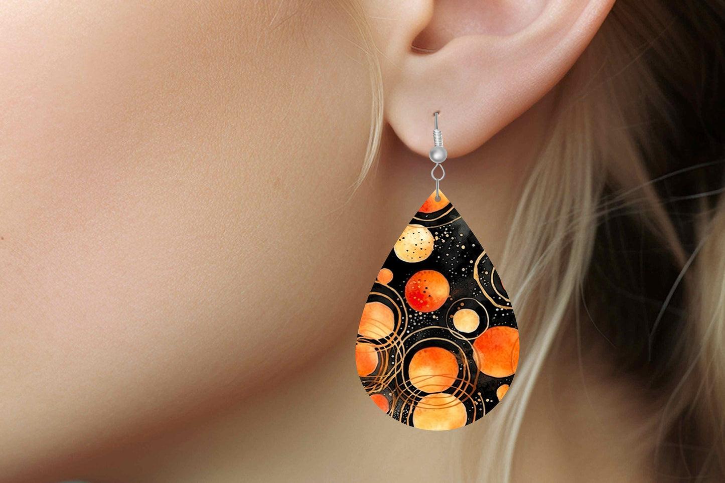 New Release Orange Circles Tear Drop Wood Dangle Earrings Hypoallergenic Jewelry