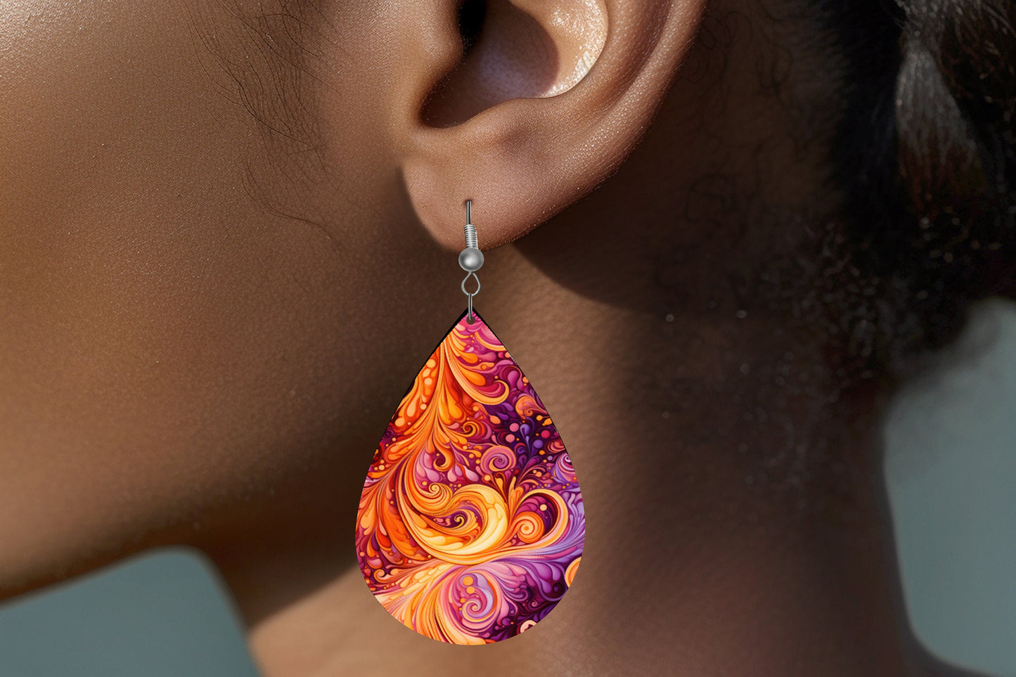 New Release Orange Swirly Tear Drop Wood Dangle Earrings Hypoallergenic Jewelry