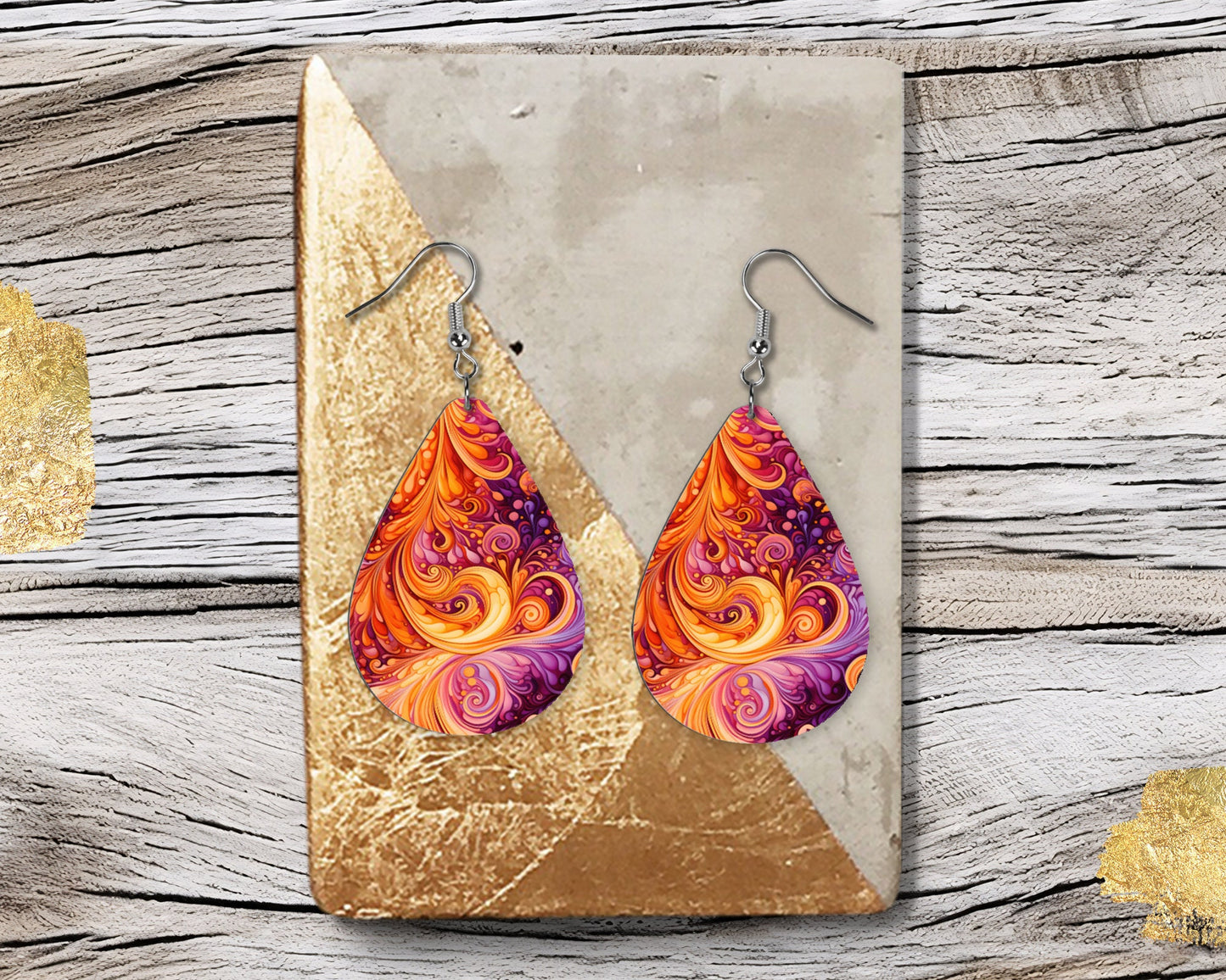 New Release Orange Swirly Tear Drop Wood Dangle Earrings Hypoallergenic Jewelry