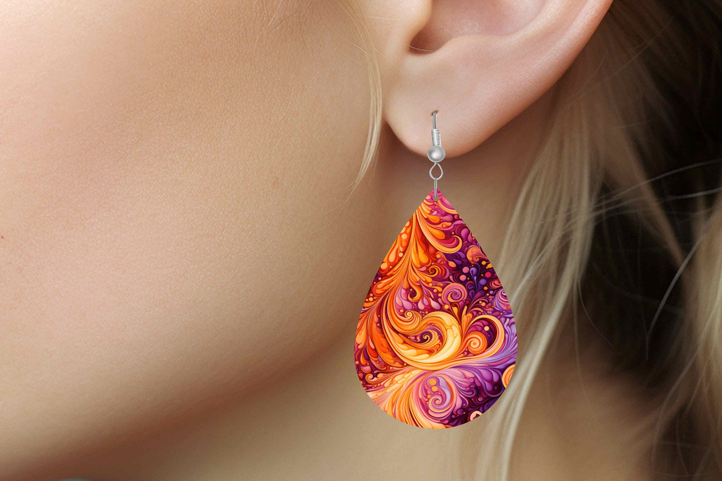 New Release Orange Swirly Tear Drop Wood Dangle Earrings Hypoallergenic Jewelry