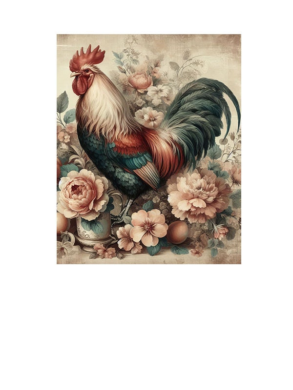 16x20 Floral Rooster Wall Art Canvas Print