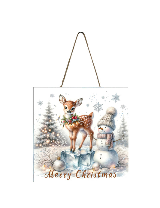 Christmas Ornament, Fawn and Snowman Merry Christmas, Tier Tray Decor, Wreath Sign, Mini Sign, Door Hanger