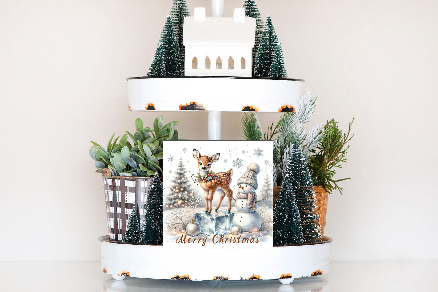 Christmas Ornament, Fawn and Snowman Merry Christmas, Tier Tray Decor, Wreath Sign, Mini Sign, Door Hanger