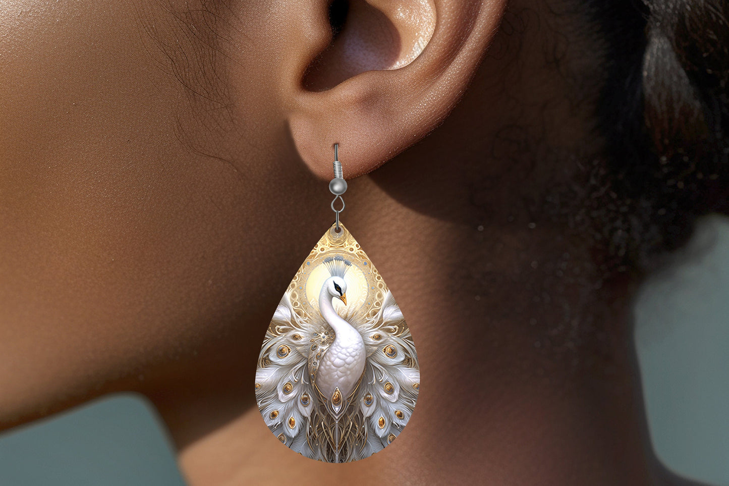 White Swan Print Tear Drop Wood Dangle Earrings Hypoallergenic Jewelry