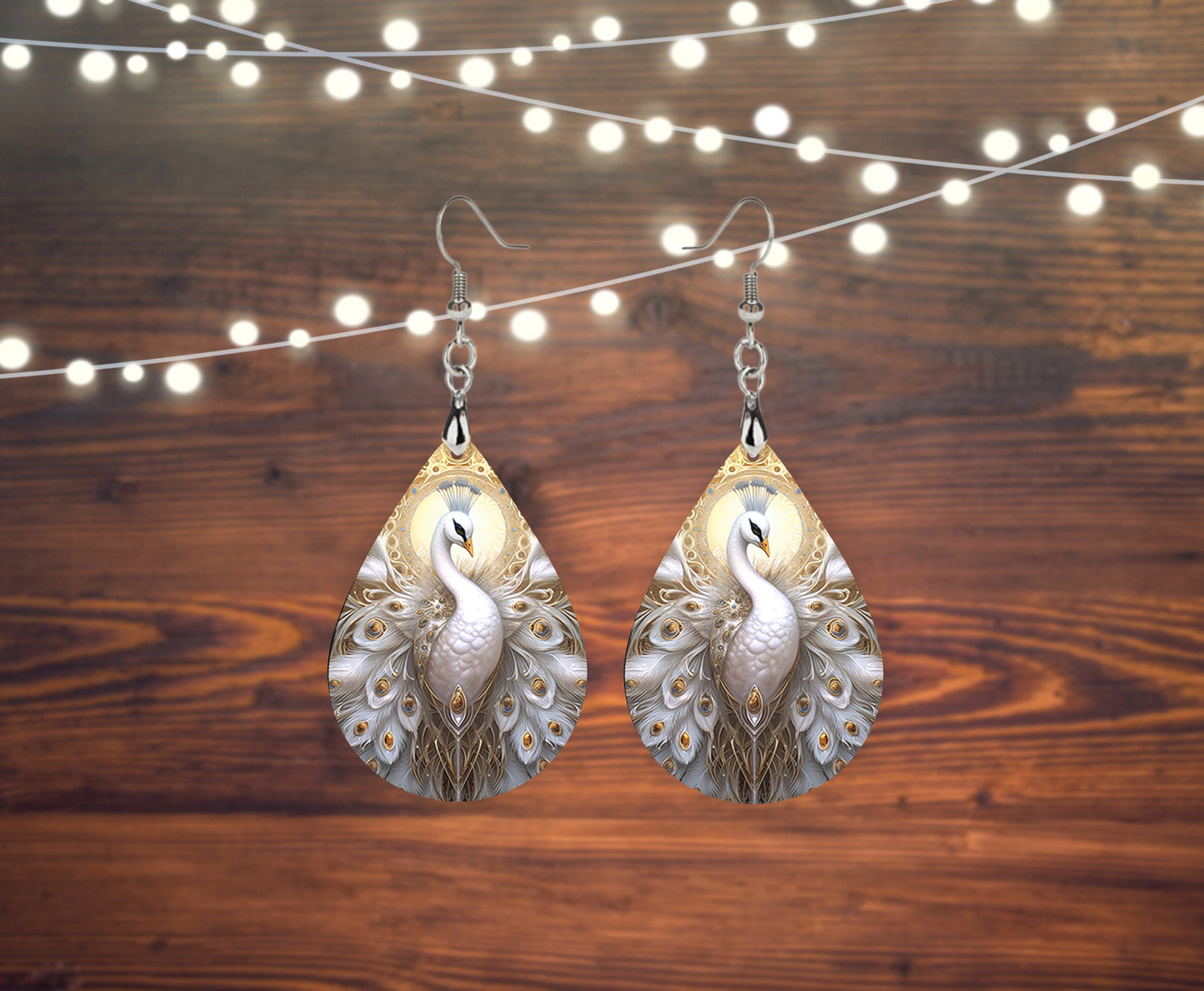 White Swan Print Tear Drop Wood Dangle Earrings Hypoallergenic Jewelry