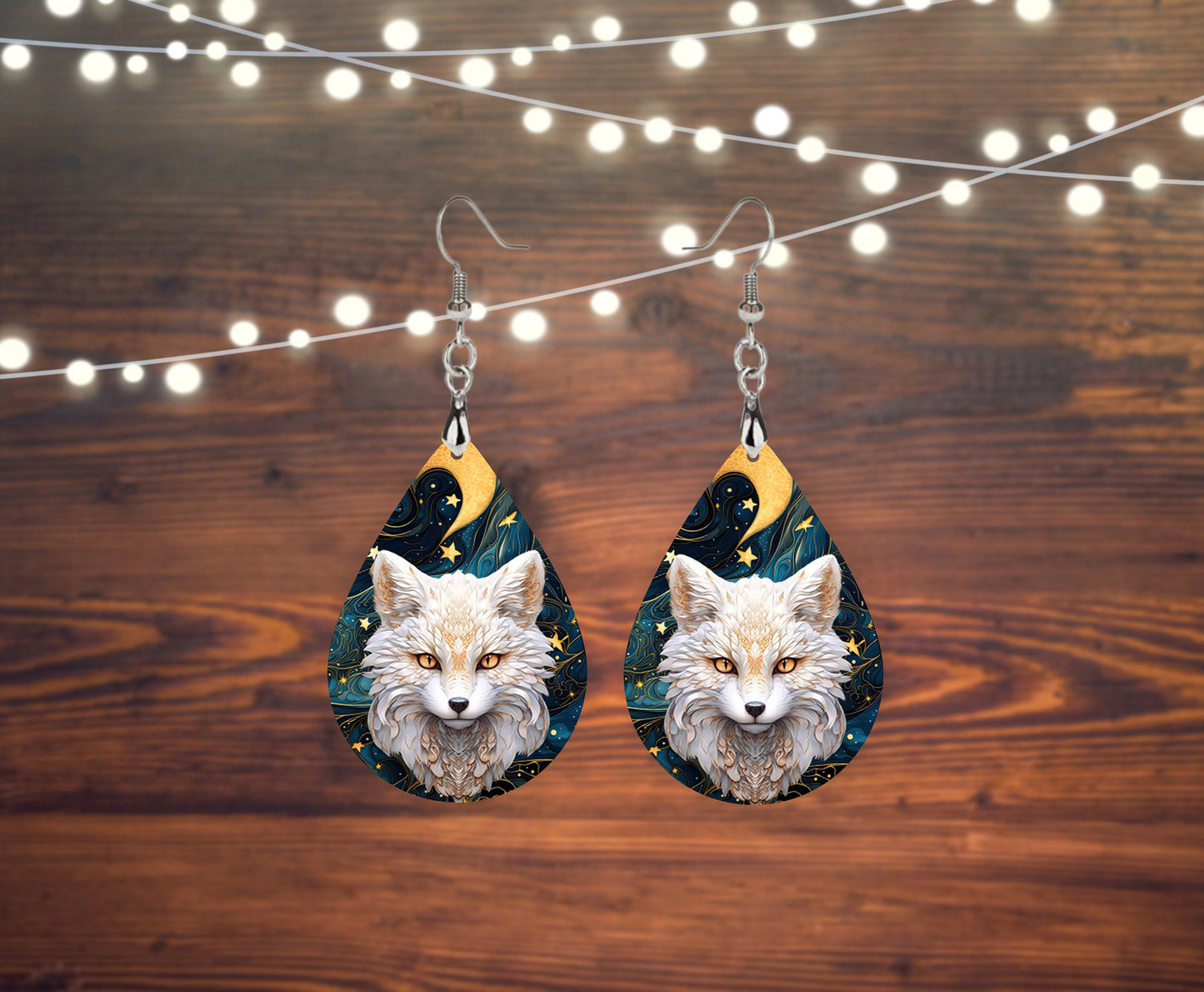 White Fox Print Tear Drop Wood Dangle Earrings Hypoallergenic Jewelry