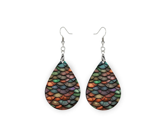 Dragon Scales Print Tear Drop Wood Dangle Earrings Hypoallergenic Jewelry