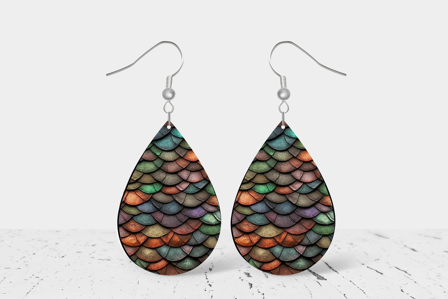 Dragon Scales Print Tear Drop Wood Dangle Earrings Hypoallergenic Jewelry