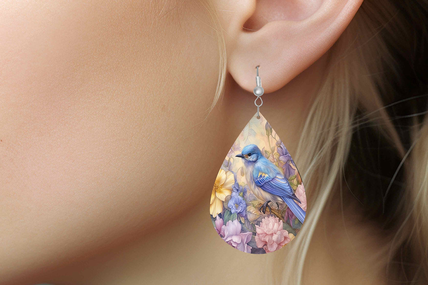 New Release Blue Bird Print Earrings Print Tear Drop Wood Dangle Earrings Hypoallergenic Jewelry