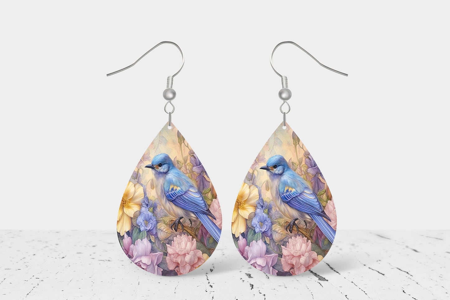 New Release Blue Bird Print Earrings Print Tear Drop Wood Dangle Earrings Hypoallergenic Jewelry