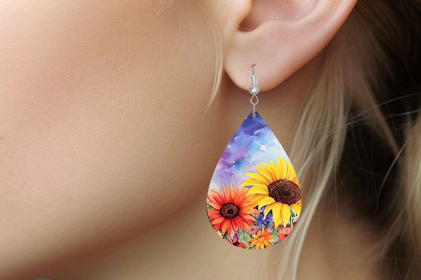 New Release Yellow and Orange Sunflowers Print Earrings Print Tear Drop Wood Dangle Earrings Hypoallergenic Jewelry