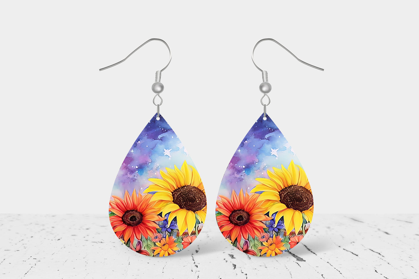 New Release Yellow and Orange Sunflowers Print Earrings Print Tear Drop Wood Dangle Earrings Hypoallergenic Jewelry