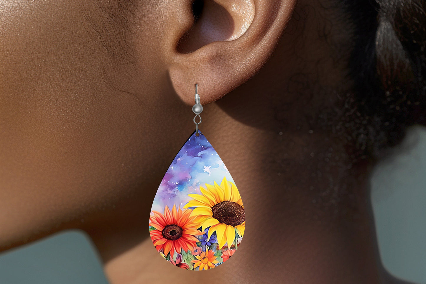 New Release Yellow and Orange Sunflowers Print Earrings Print Tear Drop Wood Dangle Earrings Hypoallergenic Jewelry