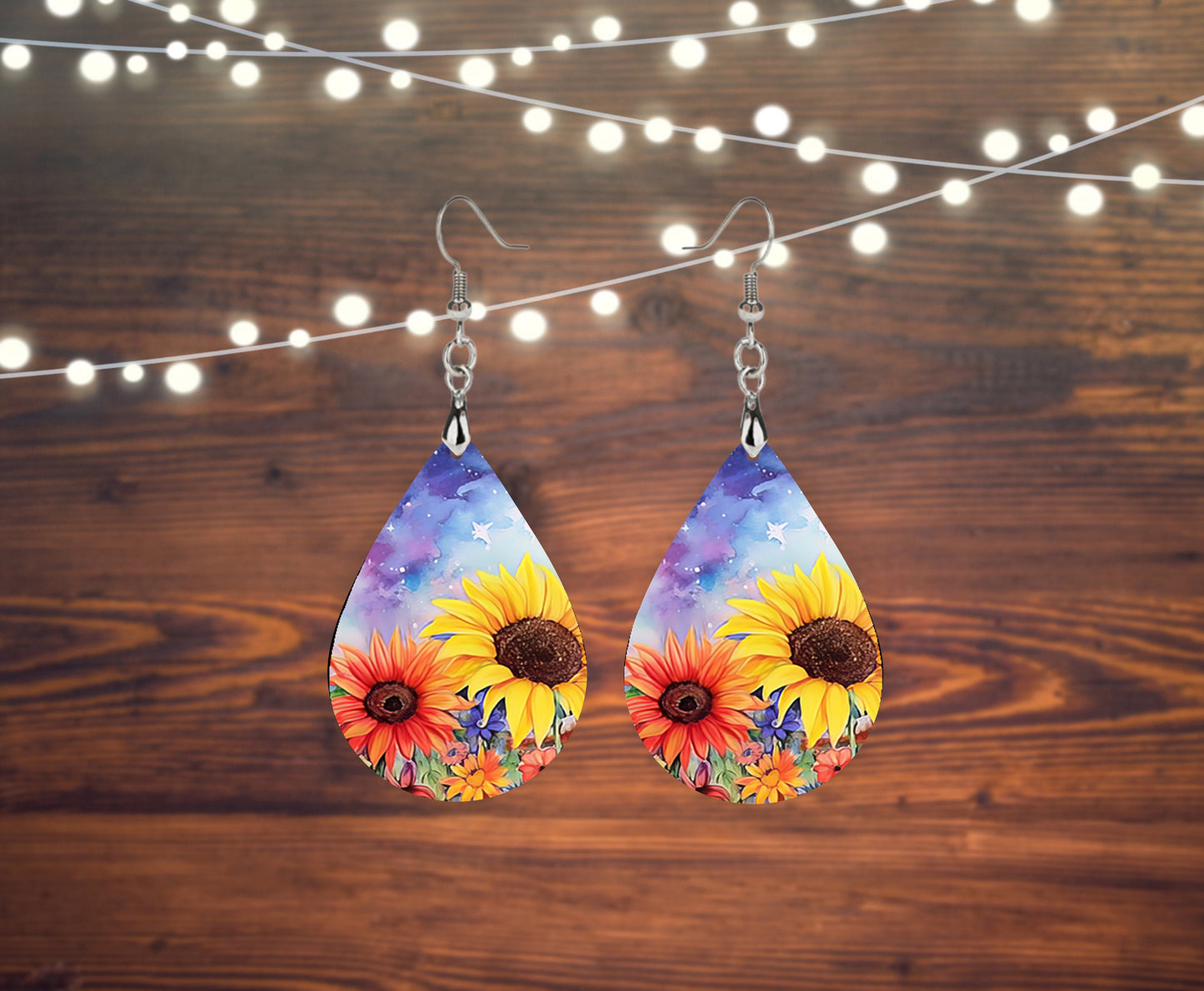 New Release Yellow and Orange Sunflowers Print Earrings Print Tear Drop Wood Dangle Earrings Hypoallergenic Jewelry