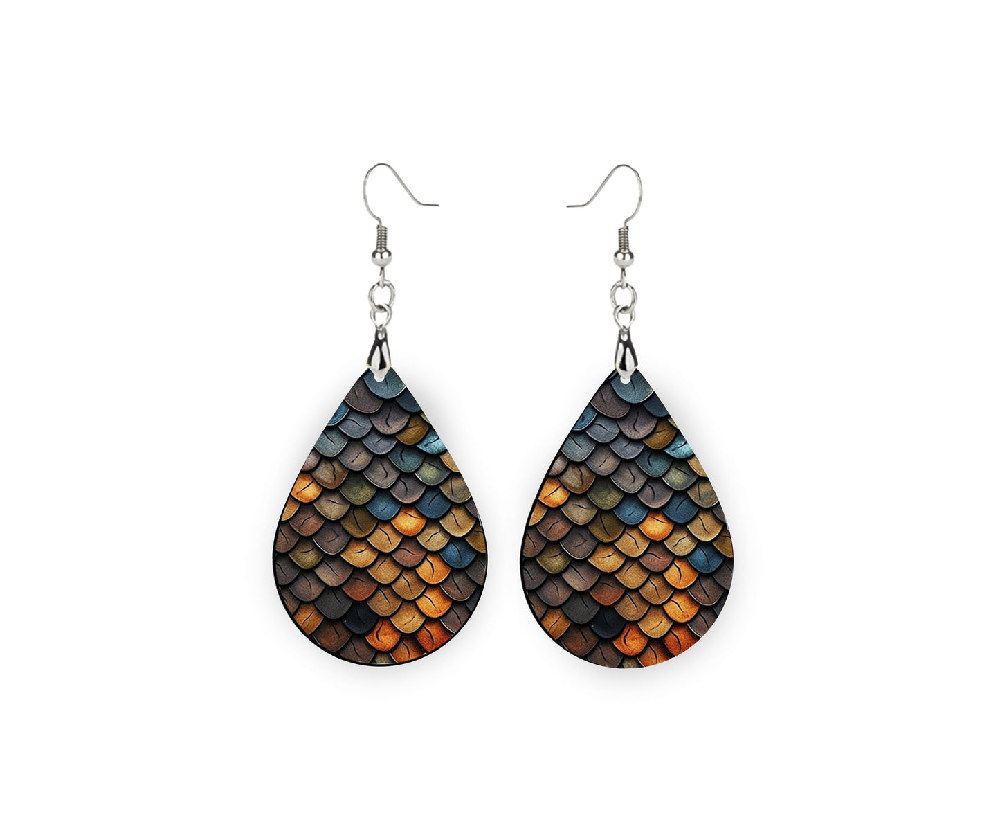 New Release Blue and Brown Dragon Scales Print Earrings Print Tear Drop Wood Dangle Earrings Hypoallergenic Jewelry