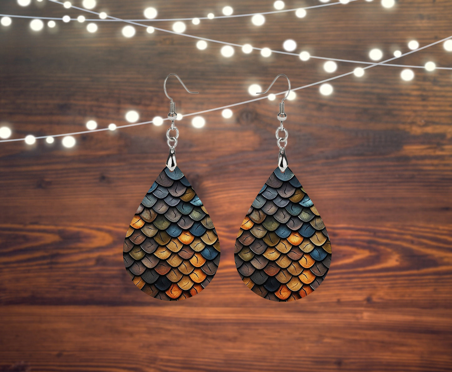 New Release Blue and Brown Dragon Scales Print Earrings Print Tear Drop Wood Dangle Earrings Hypoallergenic Jewelry