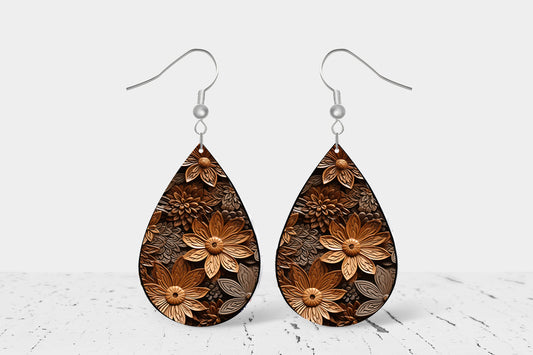 New Release Woodcut Floral Print Earrings Print Tear Drop Wood Dangle Earrings Hypoallergenic Jewelry