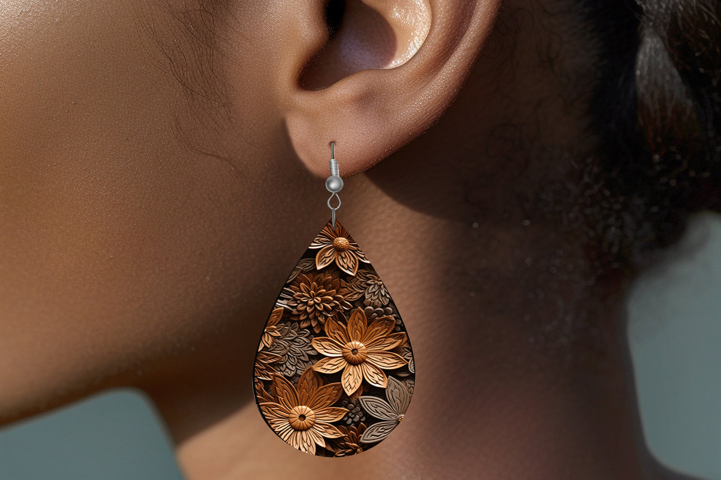 New Release Woodcut Floral Print Earrings Print Tear Drop Wood Dangle Earrings Hypoallergenic Jewelry