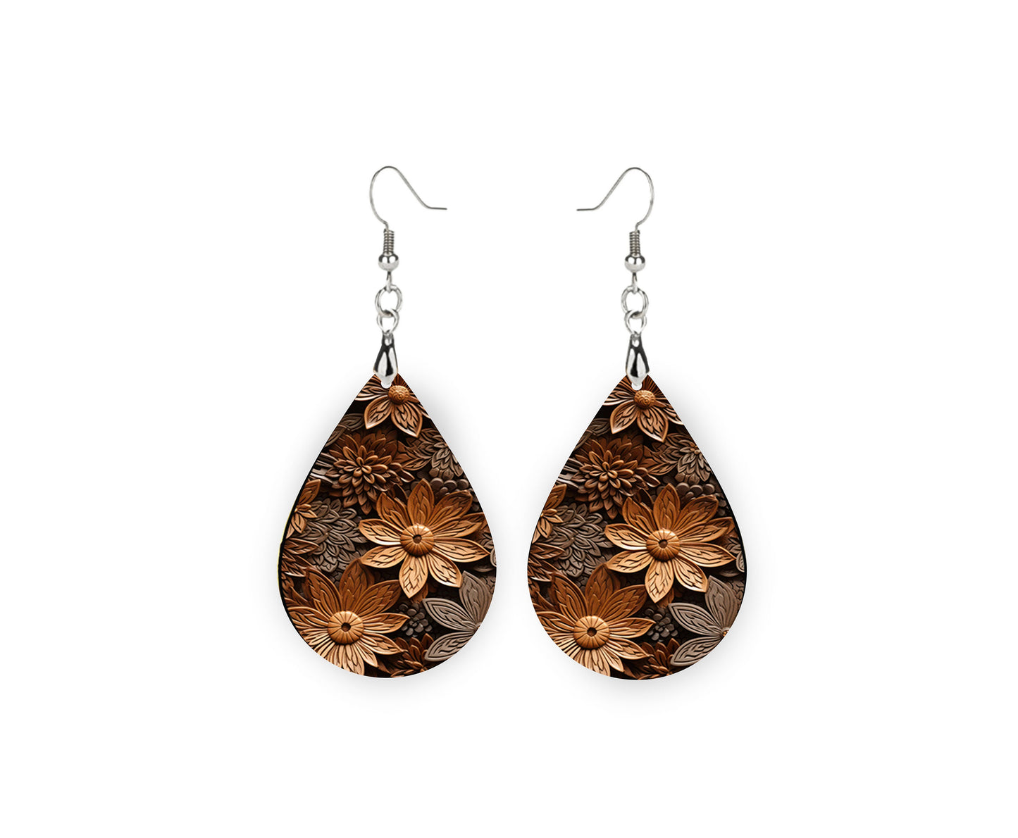 New Release Woodcut Floral Print Earrings Print Tear Drop Wood Dangle Earrings Hypoallergenic Jewelry