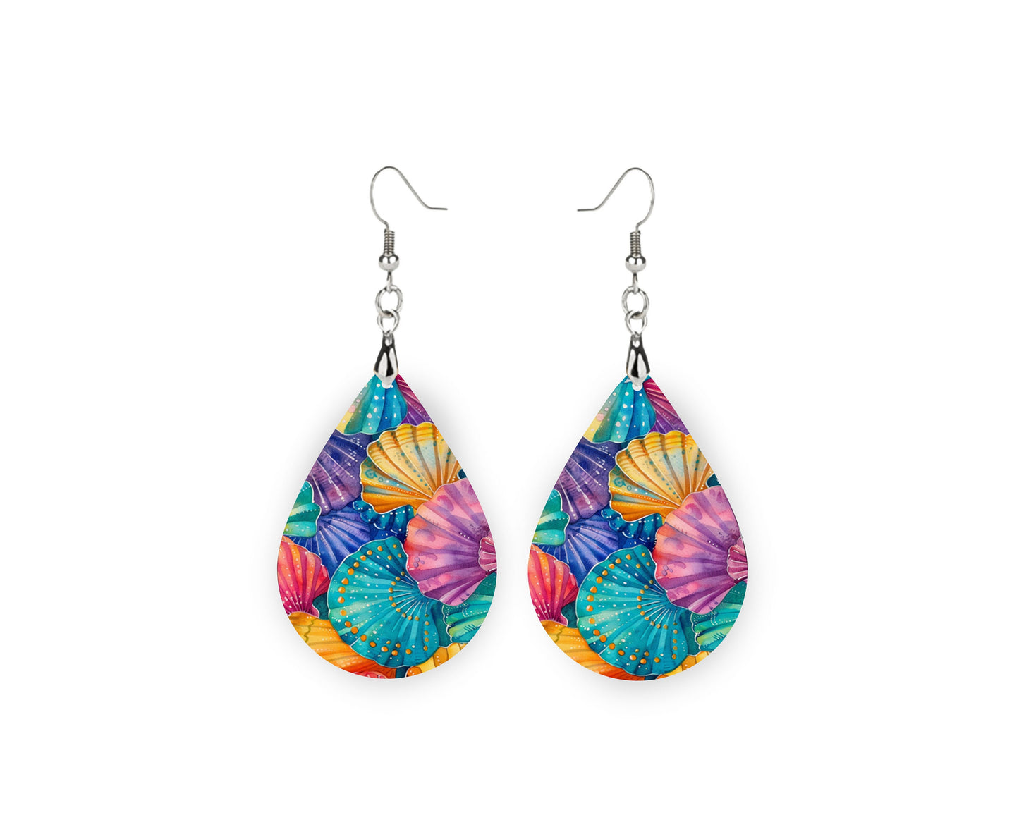 New Release Bright Sea Shells Print Earrings Print Tear Drop Wood Dangle Earrings Hypoallergenic Jewelry