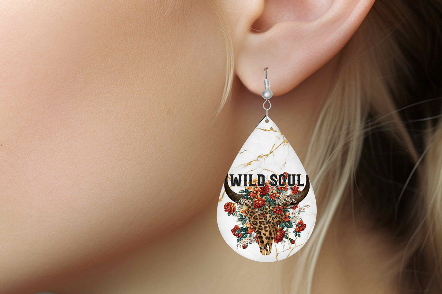 New Release Wild Soul Leopard Cow Skull Print Earrings Print Tear Drop Wood Dangle Earrings Hypoallergenic Jewelry