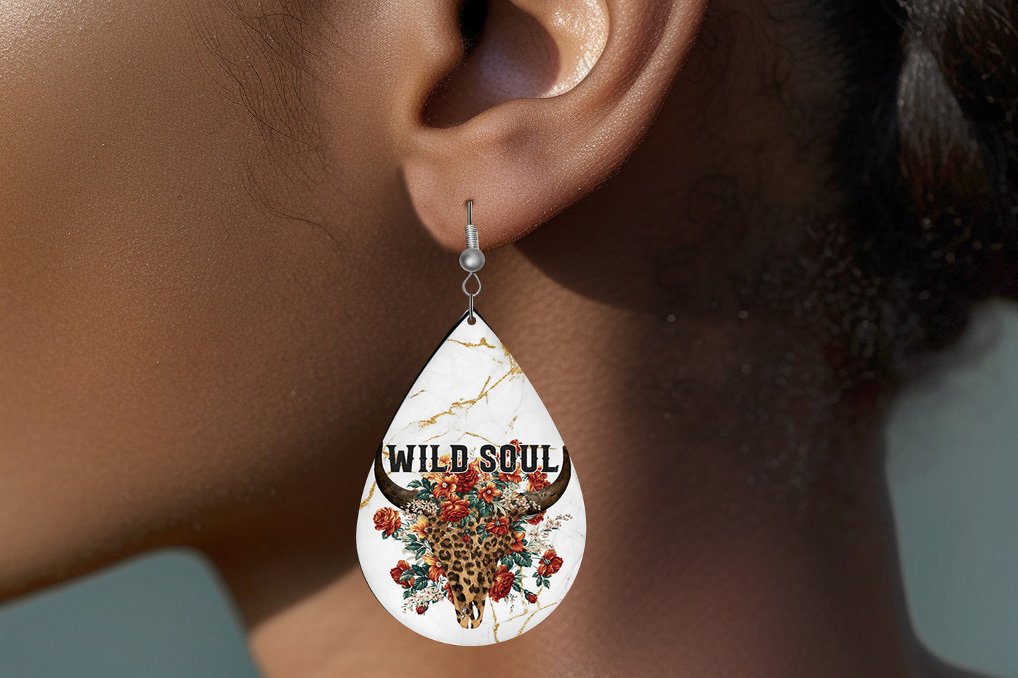 New Release Wild Soul Leopard Cow Skull Print Earrings Print Tear Drop Wood Dangle Earrings Hypoallergenic Jewelry