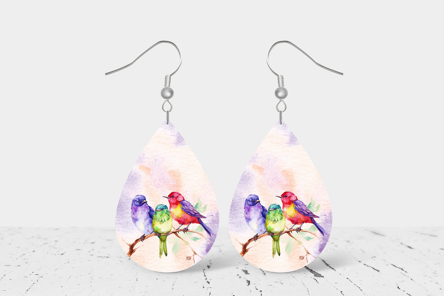 New Release Colorful Birds Print Earrings Print Tear Drop Wood Dangle Earrings Hypoallergenic Jewelry