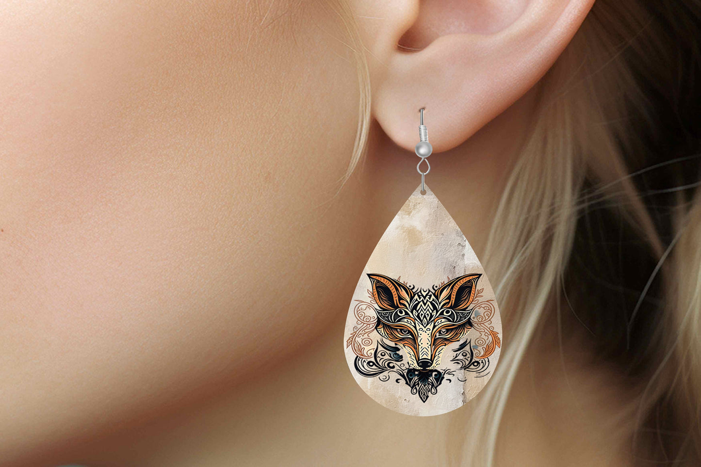 New Release Zen Fox Print Earrings Print Tear Drop Wood Dangle Earrings Hypoallergenic Jewelry