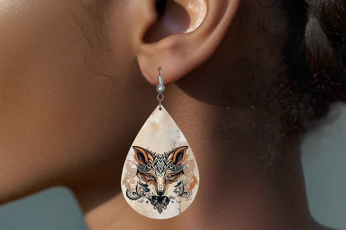 New Release Zen Fox Print Earrings Print Tear Drop Wood Dangle Earrings Hypoallergenic Jewelry