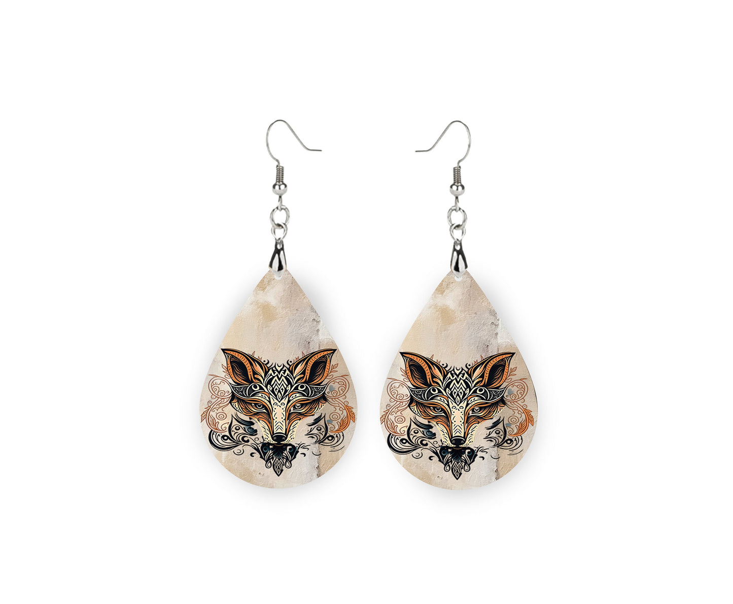 New Release Zen Fox Print Earrings Print Tear Drop Wood Dangle Earrings Hypoallergenic Jewelry