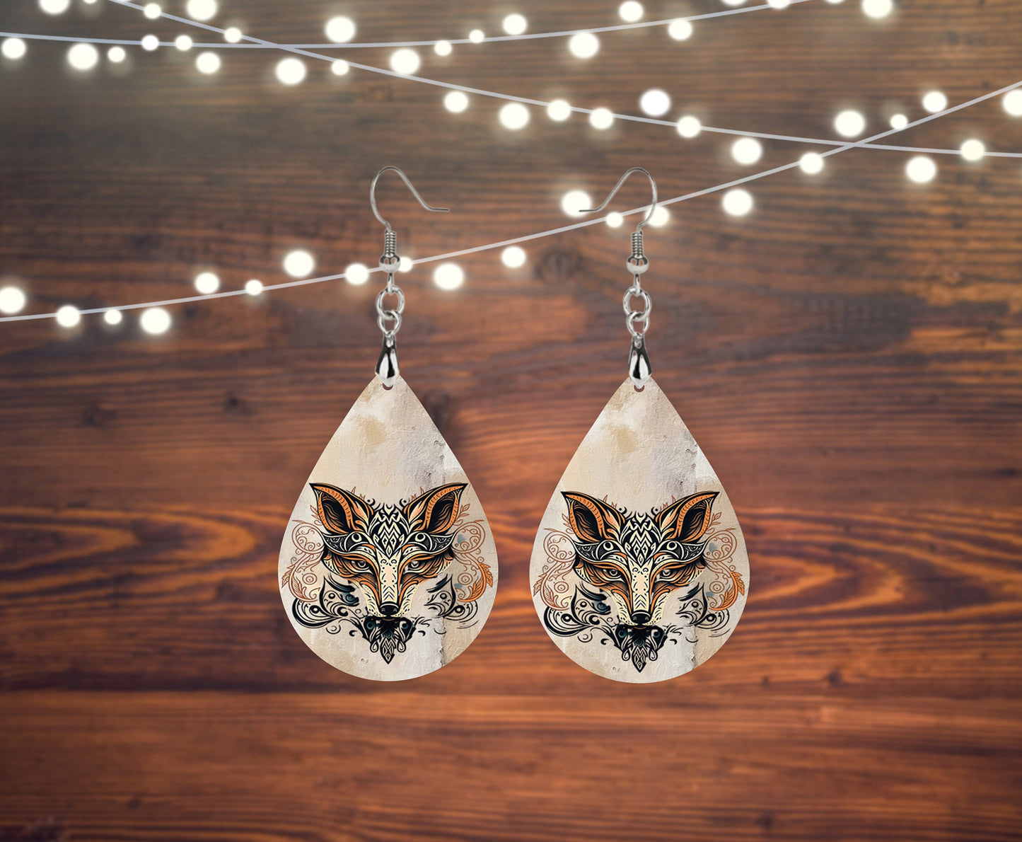 New Release Zen Fox Print Earrings Print Tear Drop Wood Dangle Earrings Hypoallergenic Jewelry