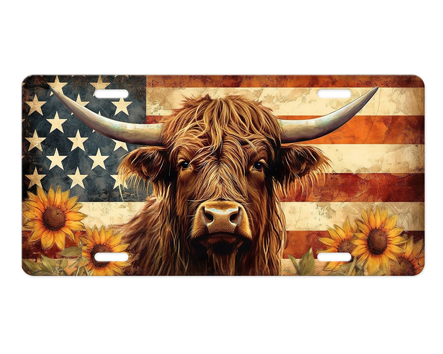 American Flag Highland Cow Vanity Front License Plate,  Aluminum License Plate Car Accessory Decorative Front Plate