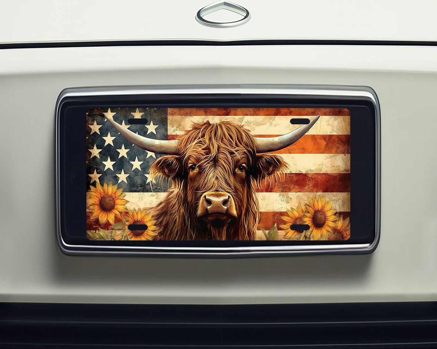 American Flag Highland Cow Vanity Front License Plate,  Aluminum License Plate Car Accessory Decorative Front Plate