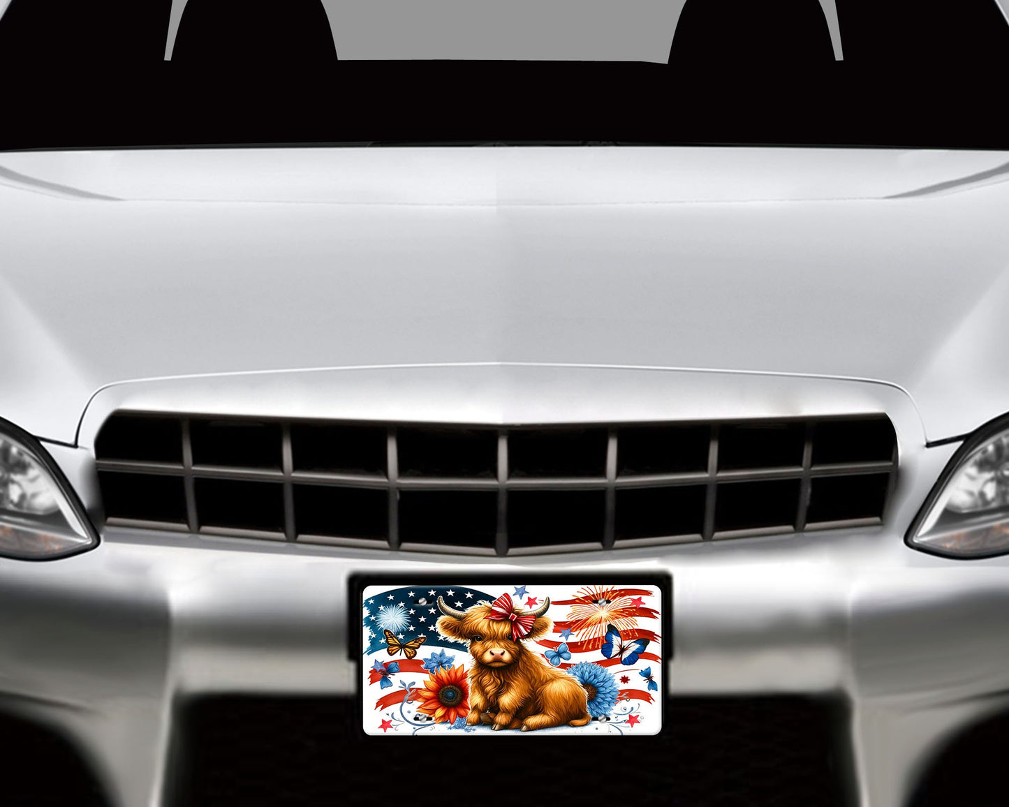 Patriotic Highland Cow Vanity Front License Plate,  Aluminum License Plate Car Accessory Decorative Front Plate