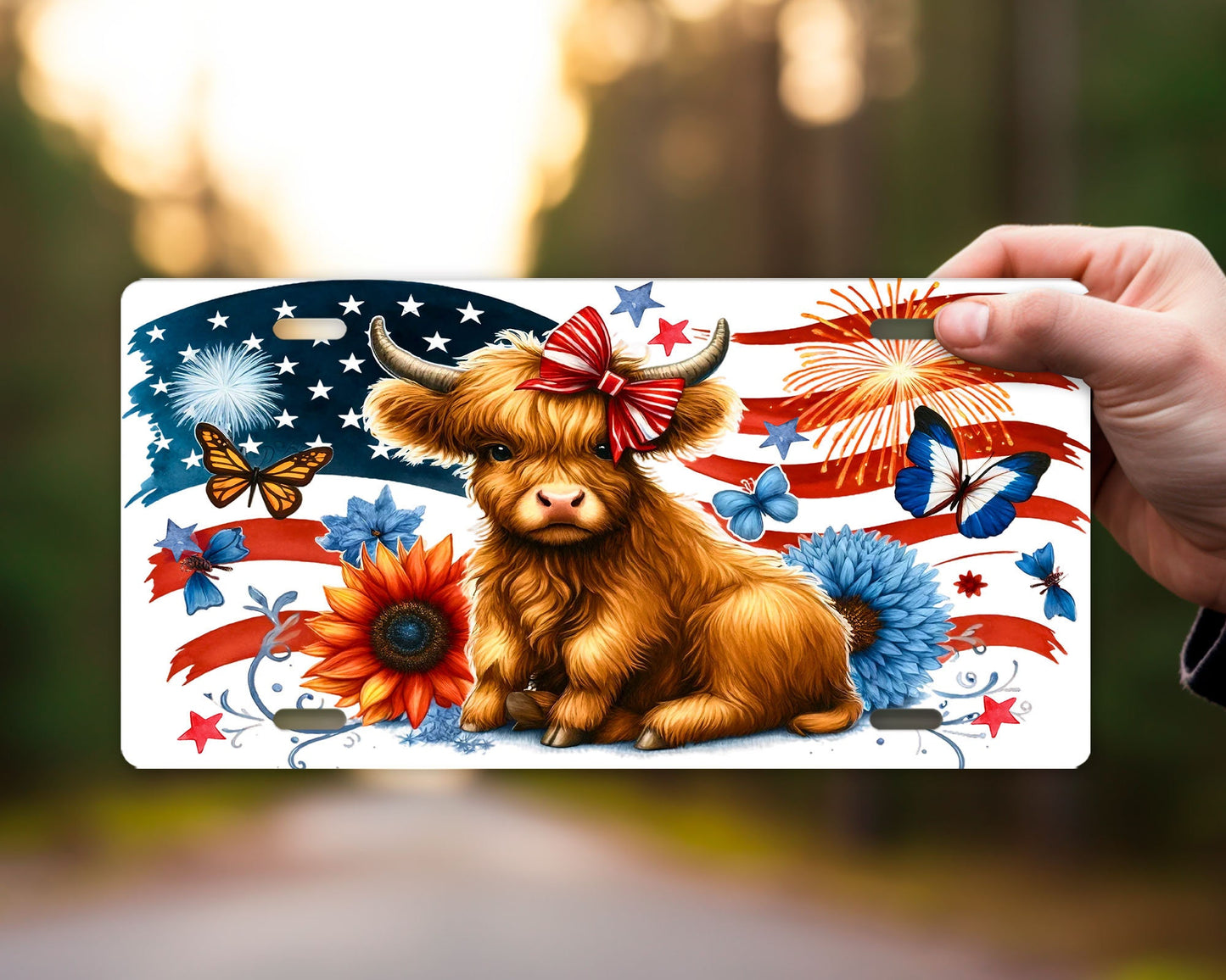 Patriotic Highland Cow Vanity Front License Plate,  Aluminum License Plate Car Accessory Decorative Front Plate