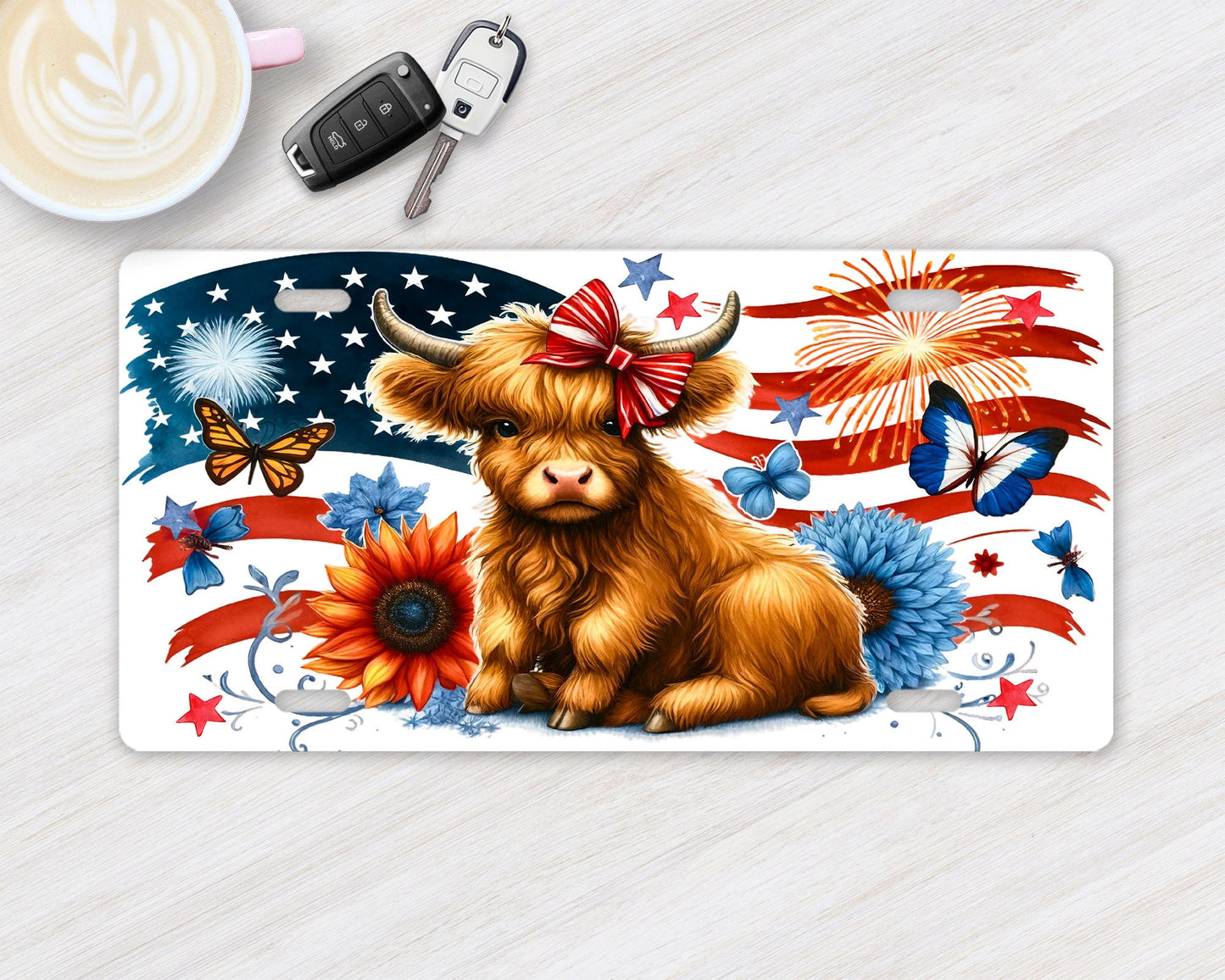 Patriotic Highland Cow Vanity Front License Plate,  Aluminum License Plate Car Accessory Decorative Front Plate