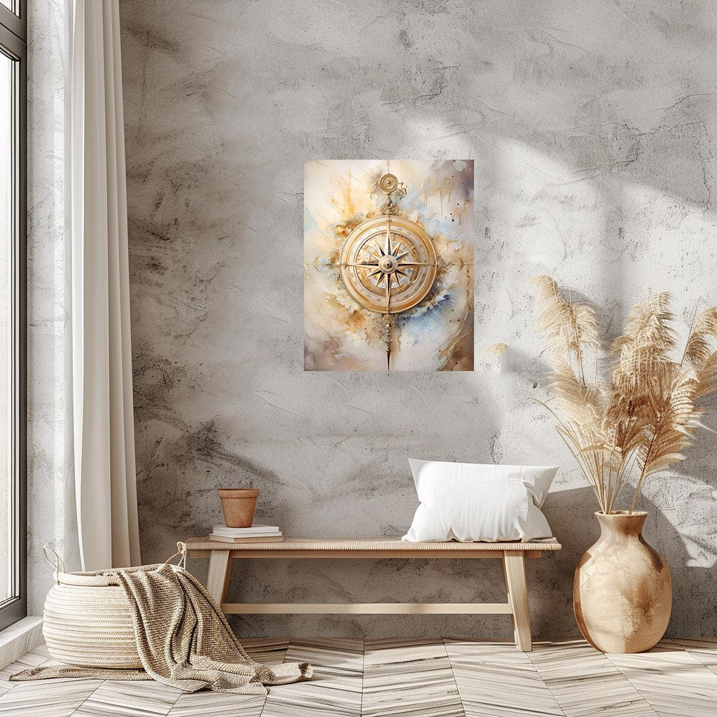 16x20 Golden Compass Coastal Wall Art Canvas Print