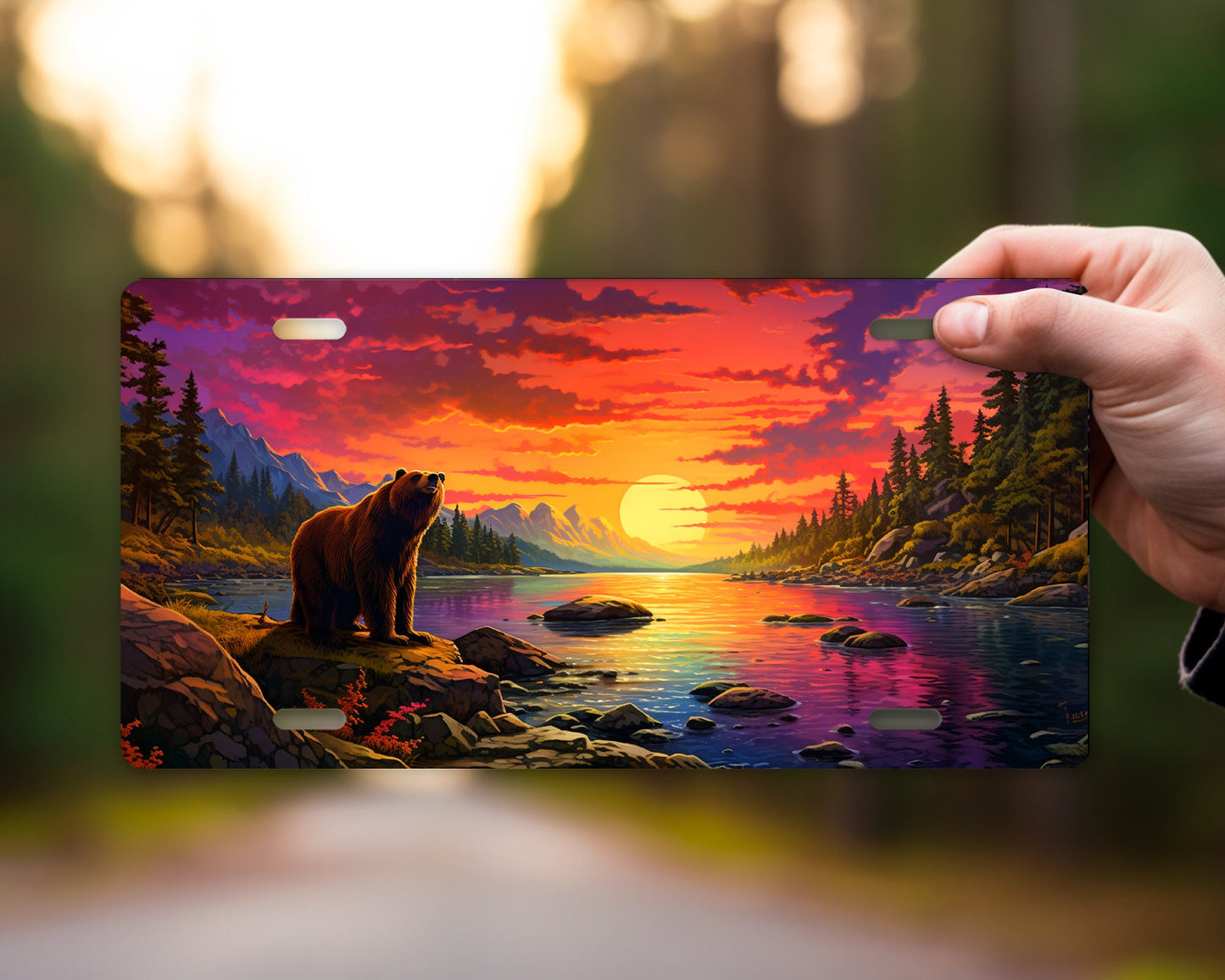 Vanity Front License Plate, Bear at Sunset River Aluminum License Plate Car Accessory Front Plate