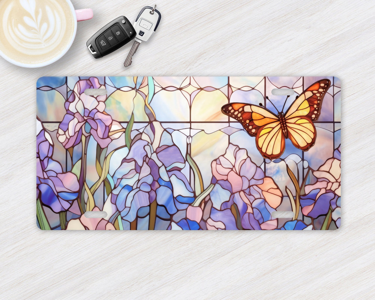 Vanity Front License Plate, Yellow Stain Glass Butterfly Aluminum License Plate Car Accessory Front Plate