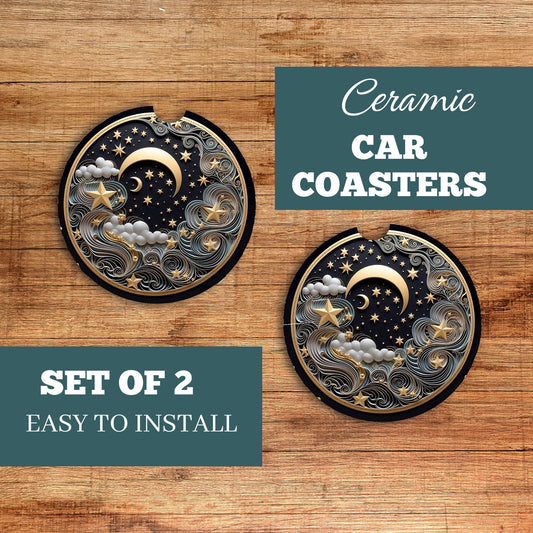 New Release, Set of 2 Night Skies Sandstone Car Coasters, Car Accessory