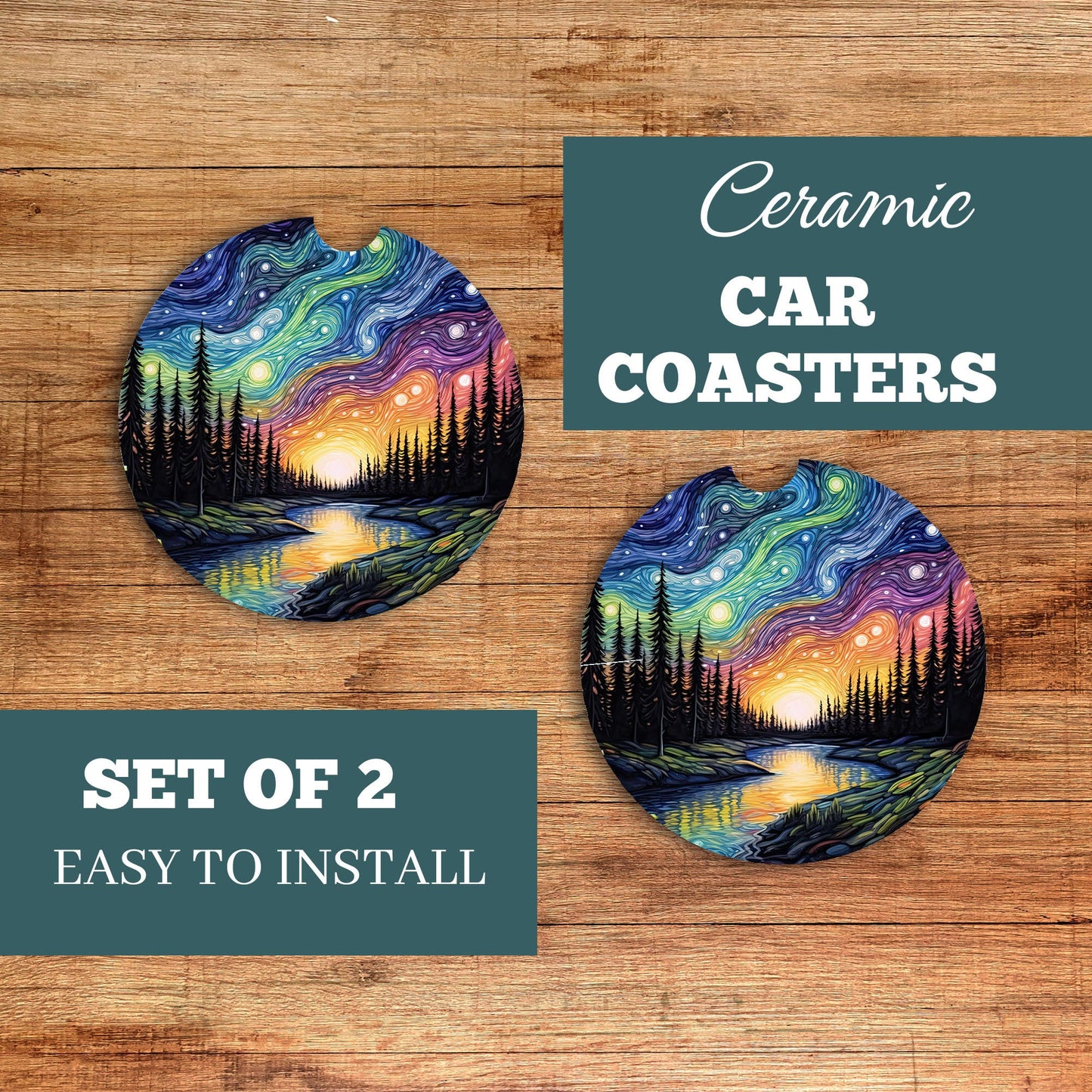 New Release, Set of 2 Northern Lights River Sandstone Car Coasters, Car Accessory